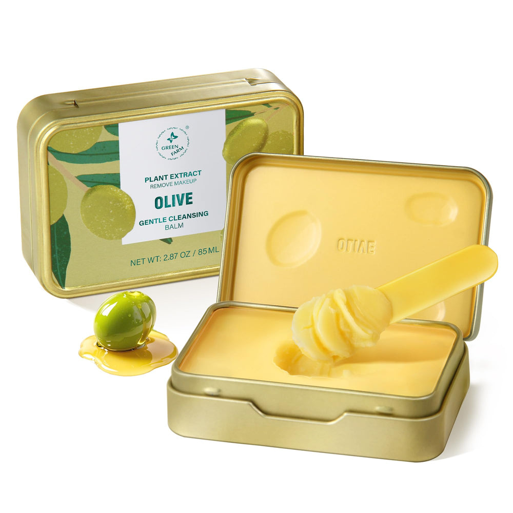 GREEN FARM makeup remover balm bottle pour demonstrates easy makeup removal.