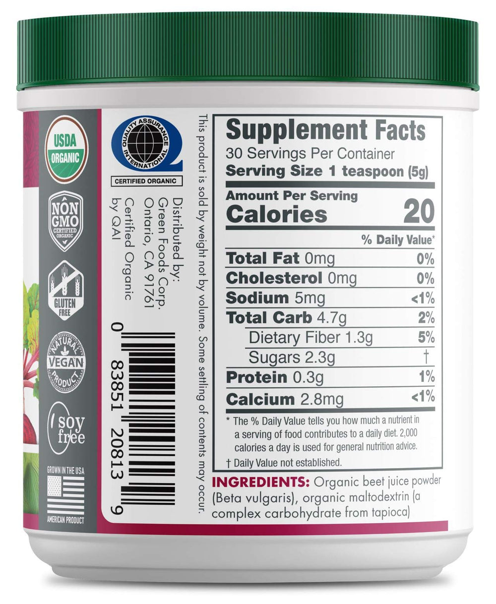 Close-up of Green Foods Beet Essence OG2 5.3 oz label