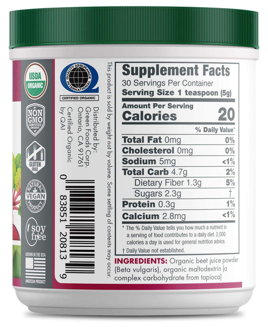 Close-up of Green Foods Beet Essence OG2 5.3 oz label