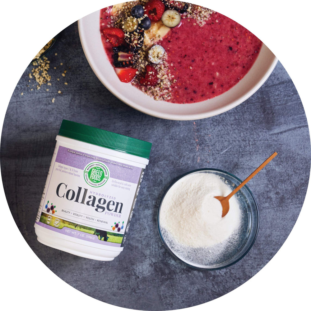 Collagen powder being poured into a glass