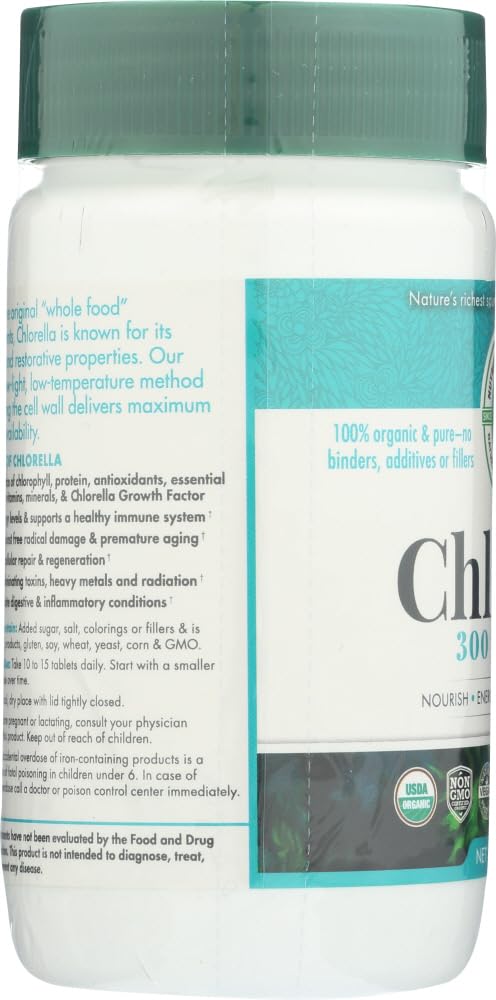 Close-up of Green Foods Organic Chlorella capsules
