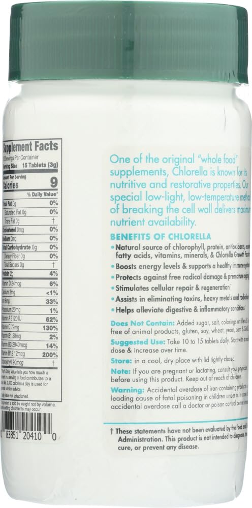 Nutrition facts panel on Green Foods Organic Chlorella bottle