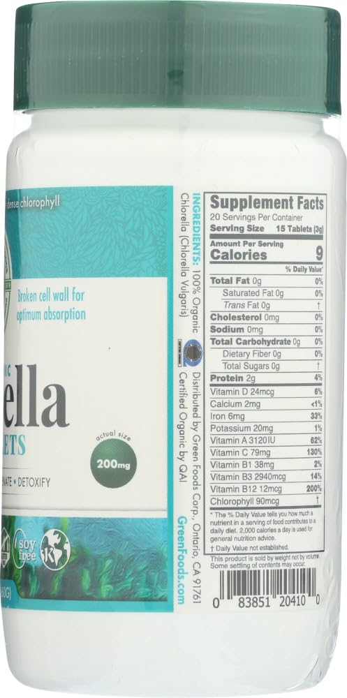 Green Foods Organic Chlorella bottle on white background