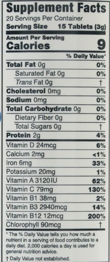 Front and back packaging of Green Foods Organic Chlorella