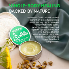 Green Goo blue chamomile infusion near label conveys calming skin notes.