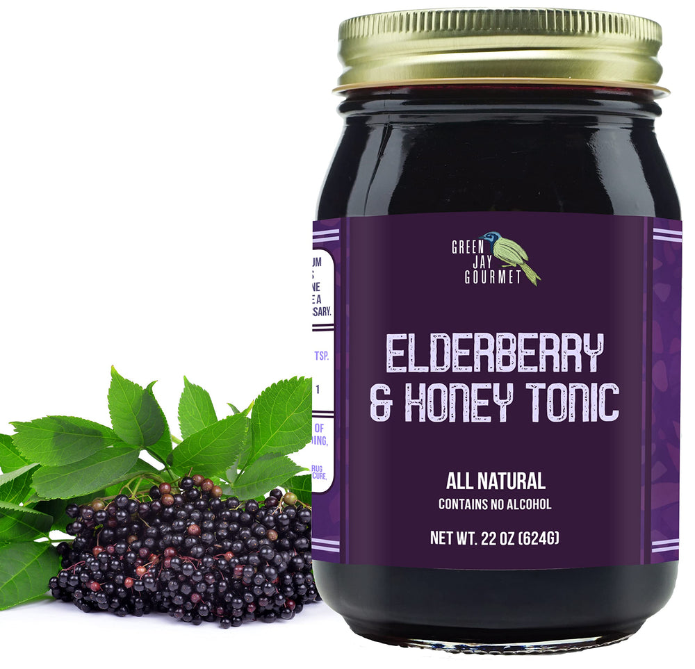 Bottle of Green Jay Gourmet Elderberry Tonic 22 oz with honey and spices