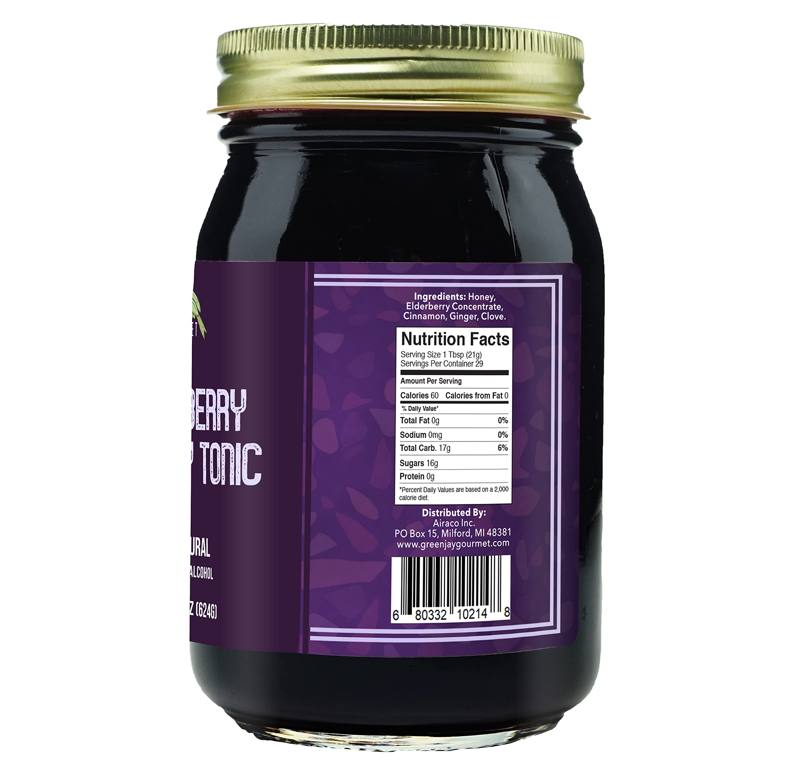 Close-up of Green Jay Gourmet Elderberry Tonic ingredients including elderberry concentrate and honey