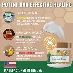 Green Leaf Naturals Manuka Honey Eczema Cream applying on hand for fragrance-free relief.