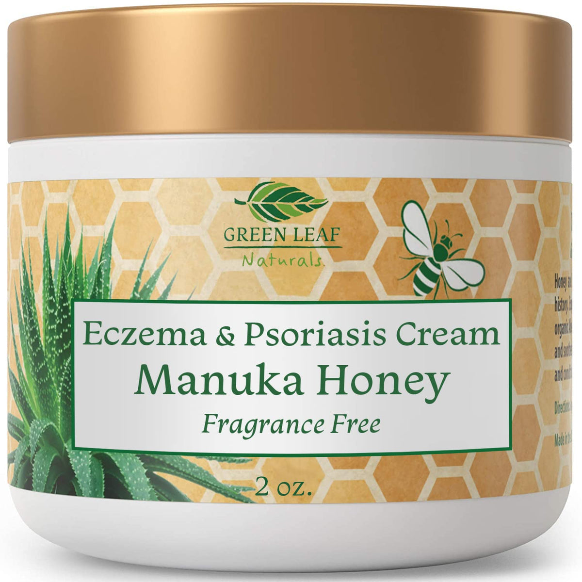 Green Leaf Naturals Manuka Honey Eczema Cream jar close-up for deep moisturizing.