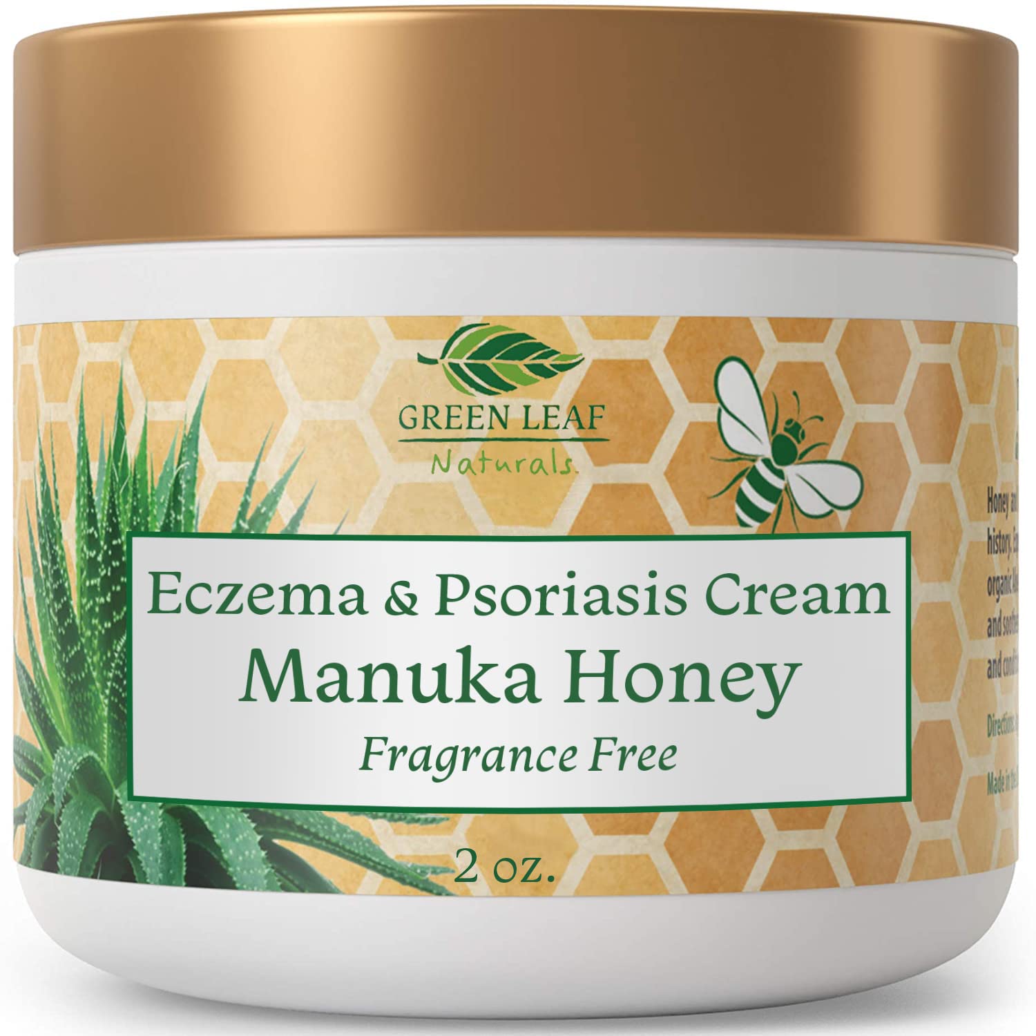 Green Leaf Naturals Manuka Honey Eczema Cream jar close-up for deep moisturizing.