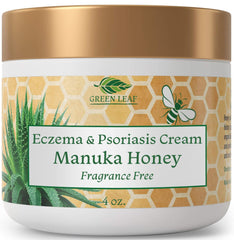 Green Leaf Naturals Manuka Honey Eczema Cream jar showing soothing fragrance free moisture for dry skin