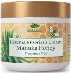 Green Leaf Naturals Manuka Honey Eczema Cream jar delivering fragrance-free moisture.