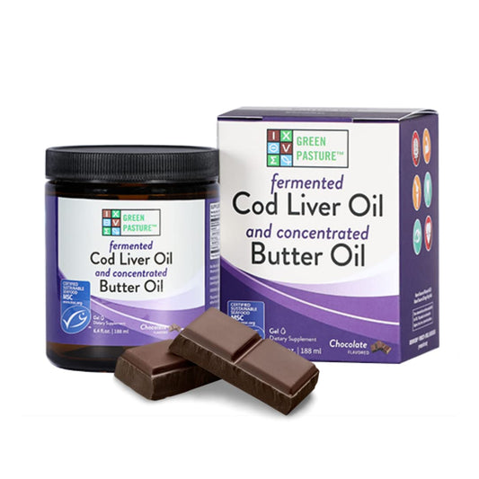 Front view of Green Pasture Butter Oil and Fermented Cod Liver Oil blended gel in chocolate flavor, 6.4 oz.