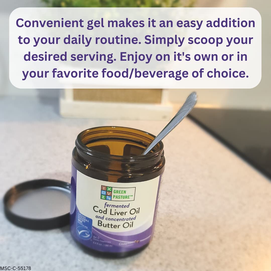 Green Pasture gel with a scoop showing convenient serving size