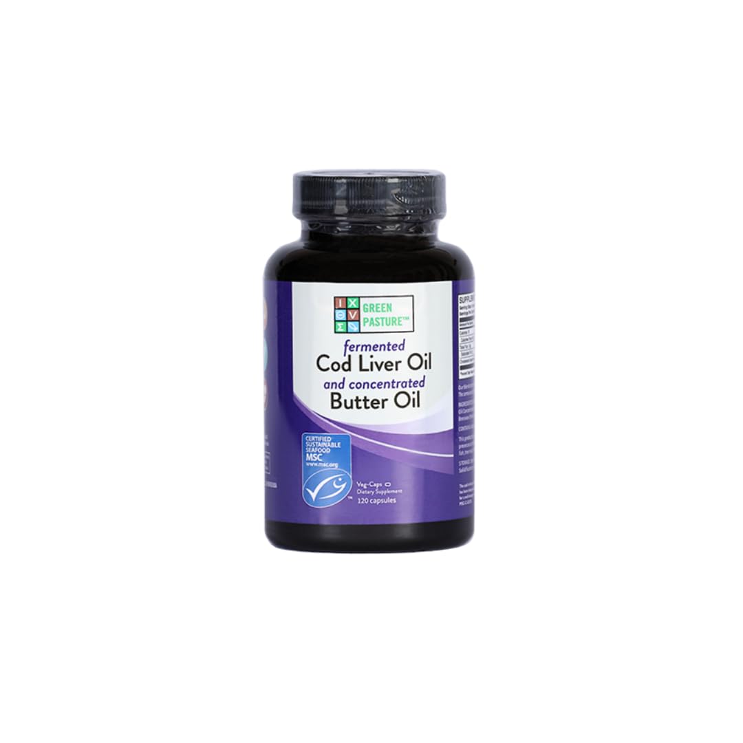 Bottle of Green Pasture Fermented Cod Liver Oil and Concentrated Butter Oil Blend - 120 capsules