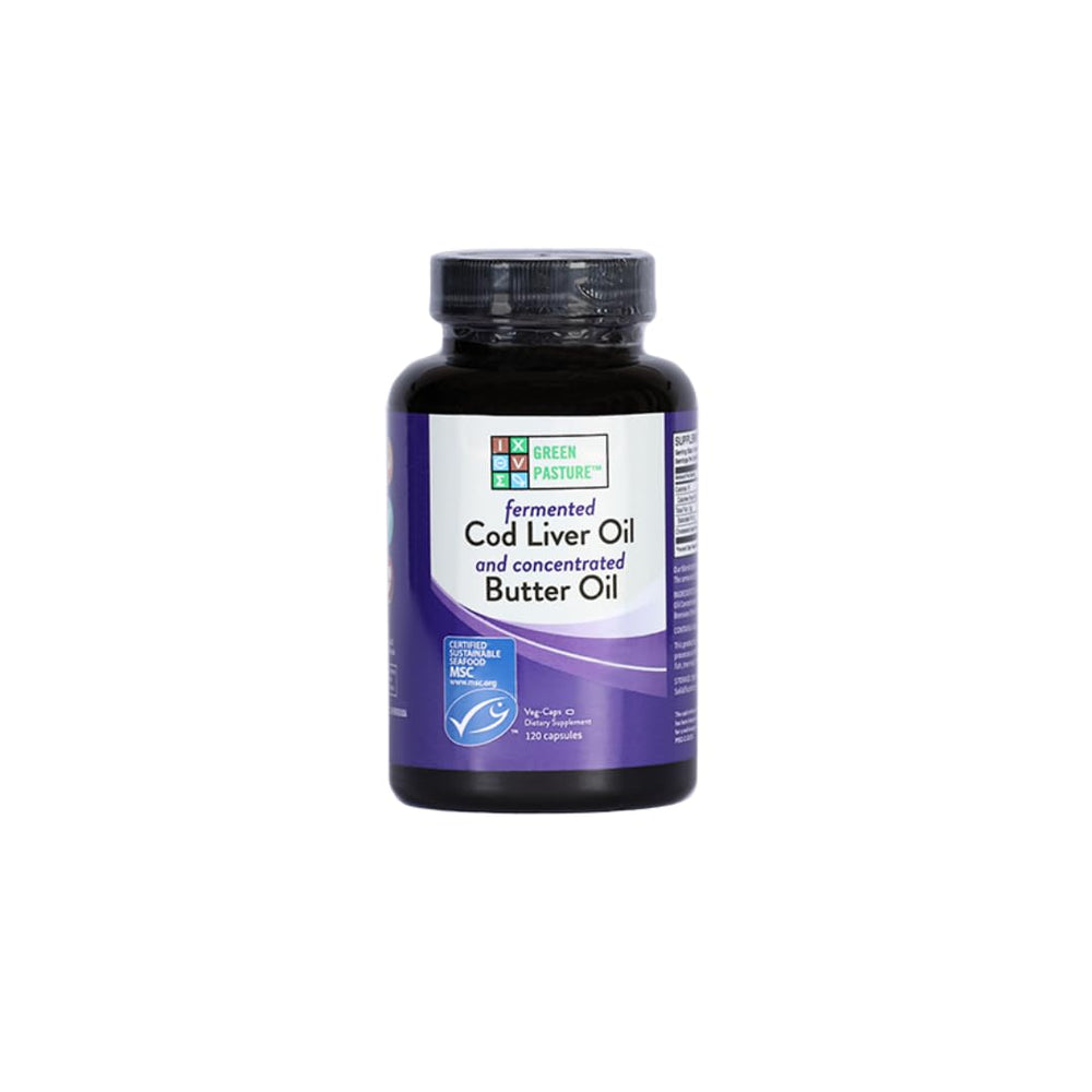 Bottle of Green Pasture Fermented Cod Liver Oil and Concentrated Butter Oil Blend - 120 capsules