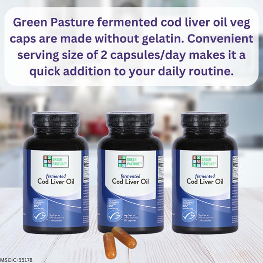 Front view of Green Pasture Fermented Cod Liver Oil bottle label