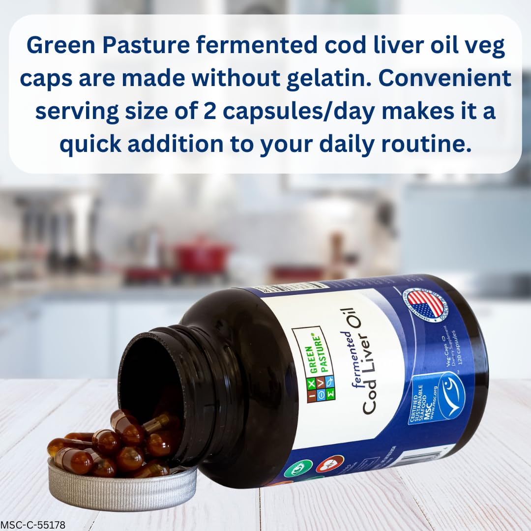 Green Pasture cod liver oil capsules ready for daily supplementation.