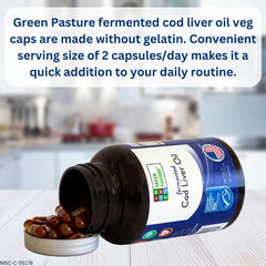 Green Pasture cod liver oil capsules ready for daily supplementation.