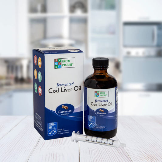 Label close-up of Green Pasture Fermented Cod Liver Oil Liquid Cinnamon