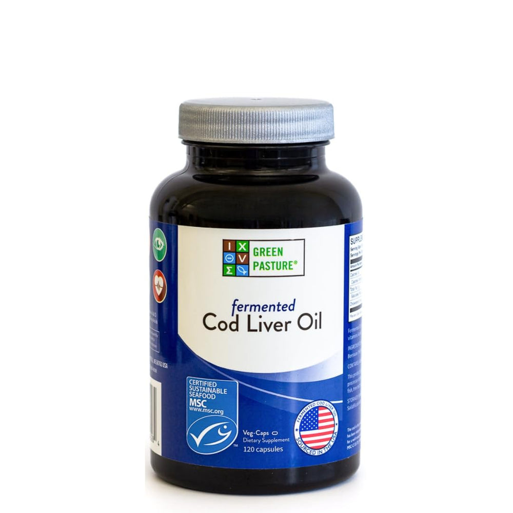 Green Pasture fermented cod liver oil bottle with capsules for daily energy.