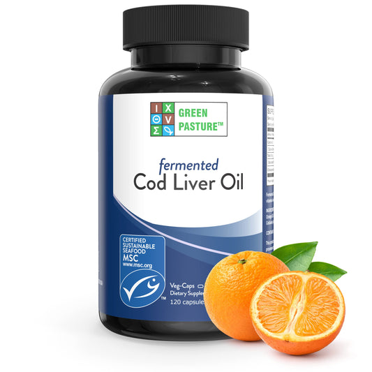 Front view of Green Pasture Fermented Cod Liver Oil Orange Flavor bottle with 120 caps
