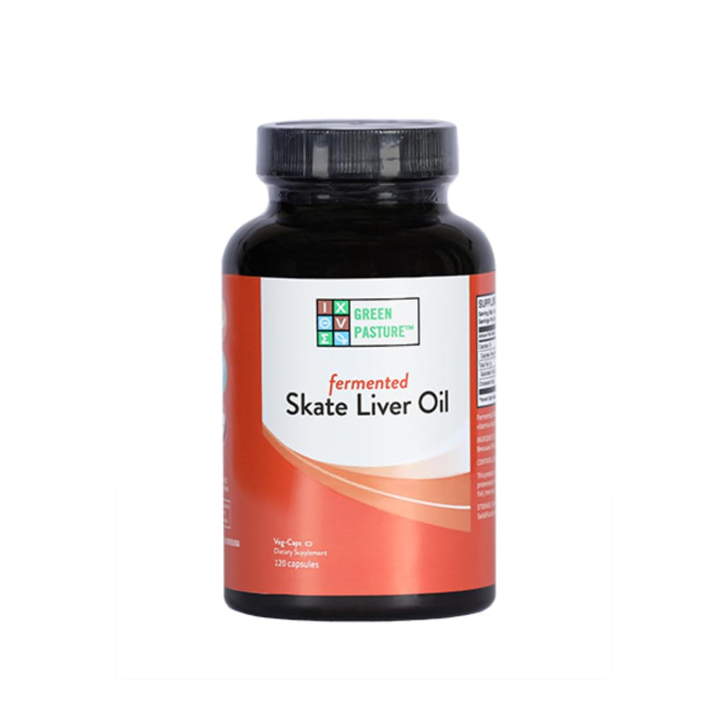 Green Pasture Skate Liver Oil bottle and 120 capsules