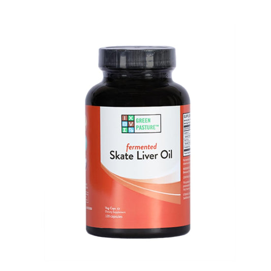 Green Pasture Skate Liver Oil bottle and 120 capsules