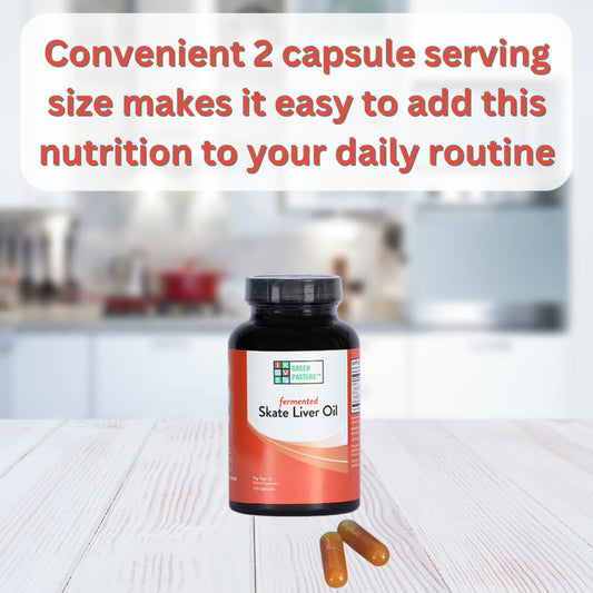 Close-up of fermented skate liver oil capsules