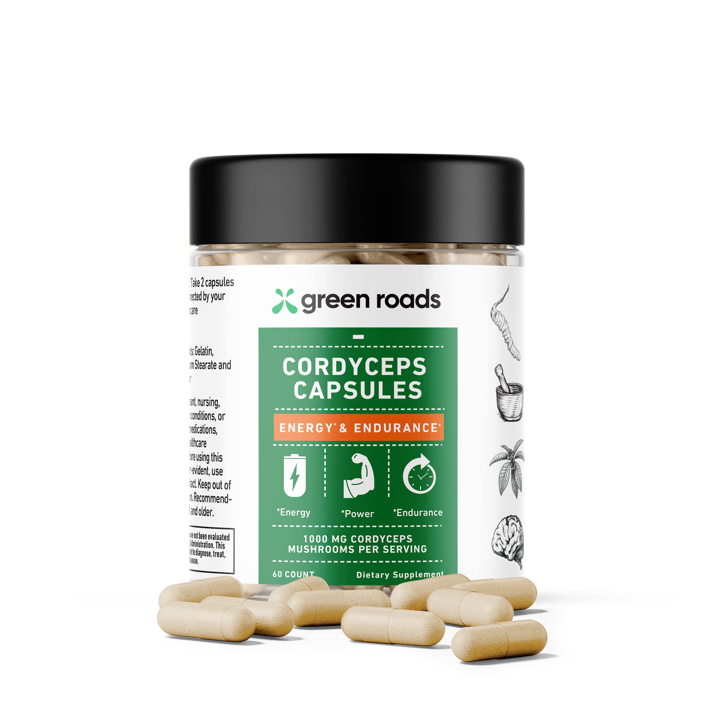 Green Roads Cordyceps Energy & Endurance packaging showcasing 60 capsules