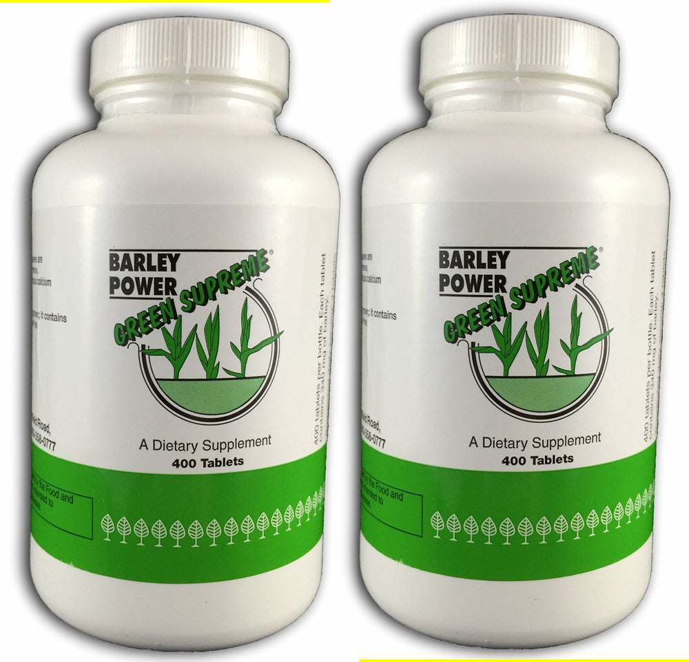 Green Supreme Barley Power bottle with 400 tablets, supporting balanced nutrients for daily wellness.