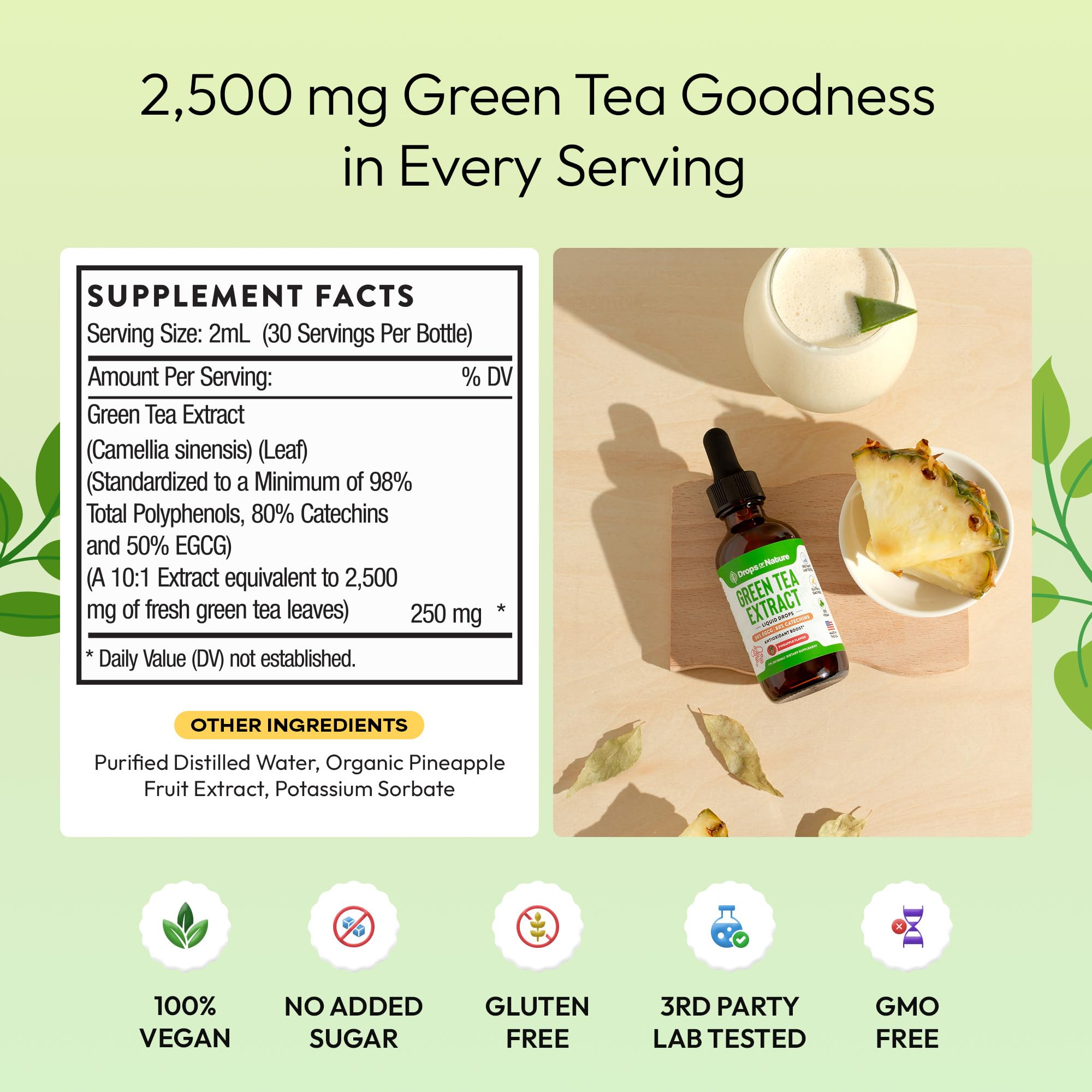Close-up of Green Tea extract label showing 50% EGCG and 80% catechins