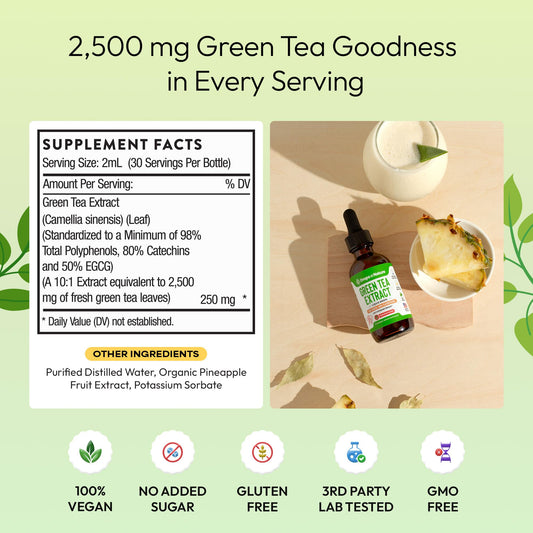 Close-up of Green Tea extract label showing 50% EGCG and 80% catechins