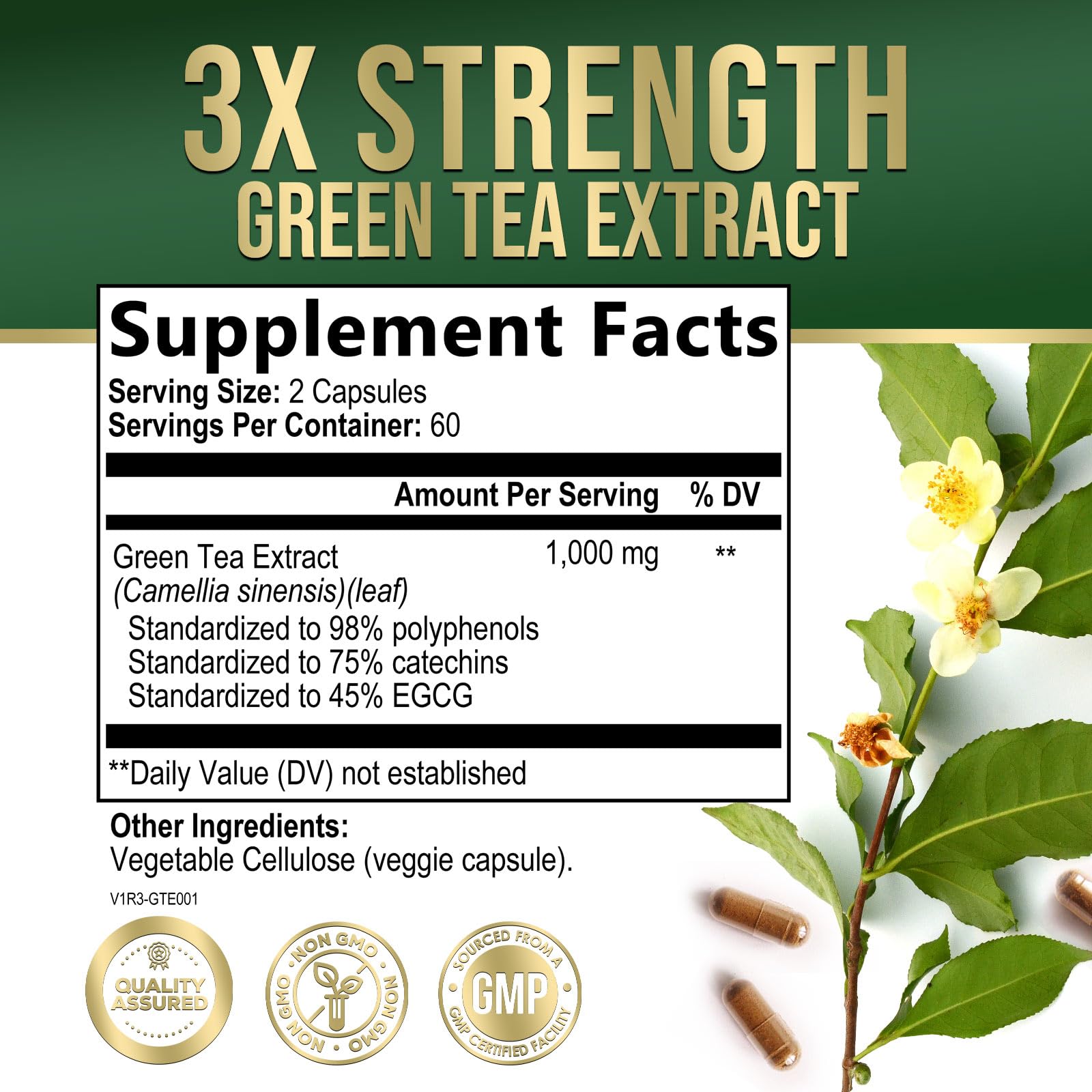 Close-up of Green Tea Extract Capsules 1000 mg label
