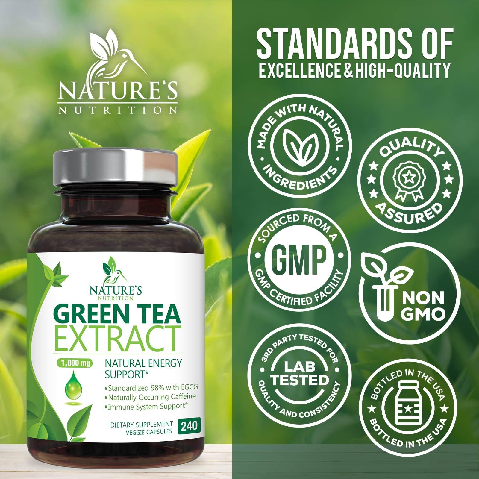 Close-up of green tea extract capsules showing size and color