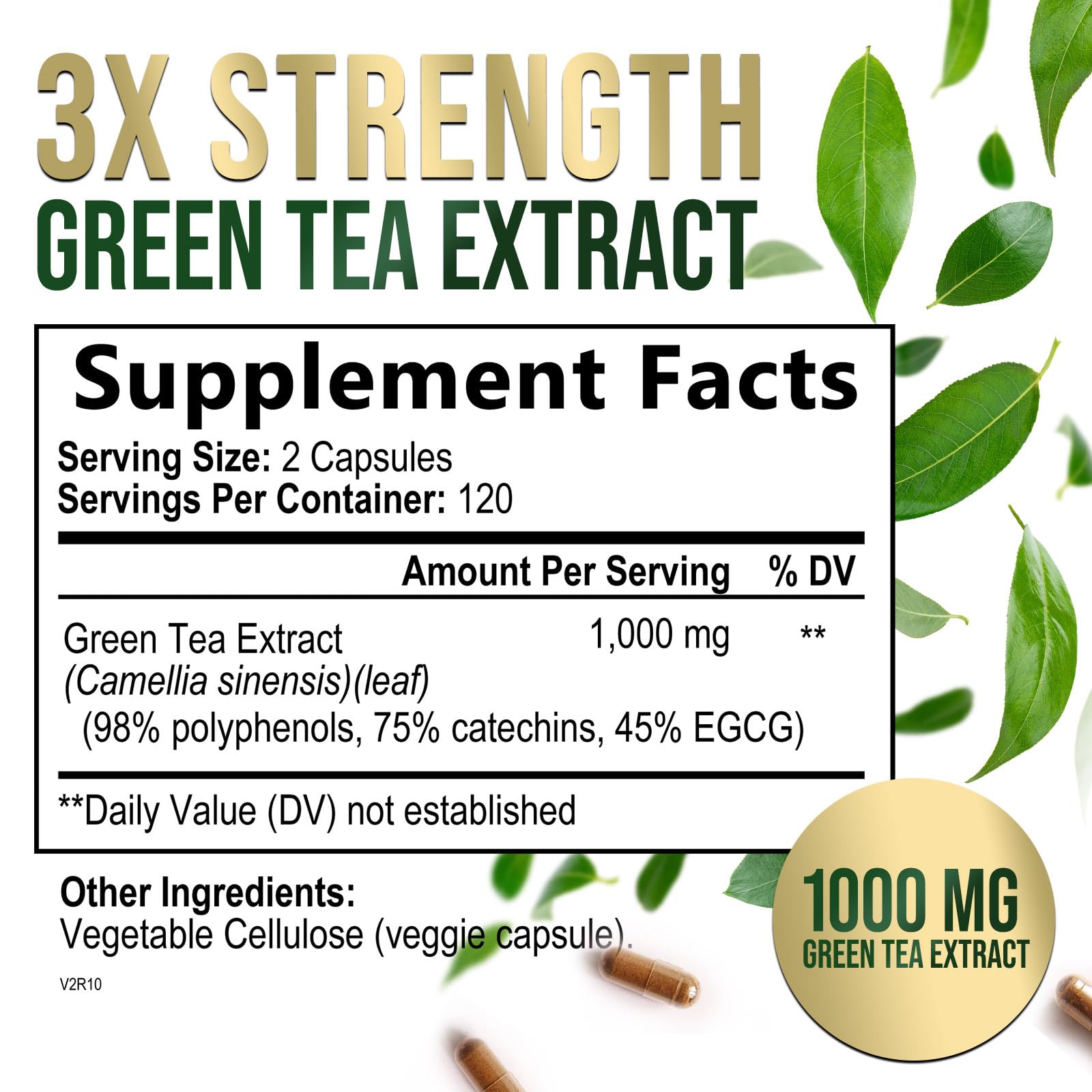 Close-up of the product label on Green Tea Extract Capsules 1000 mg