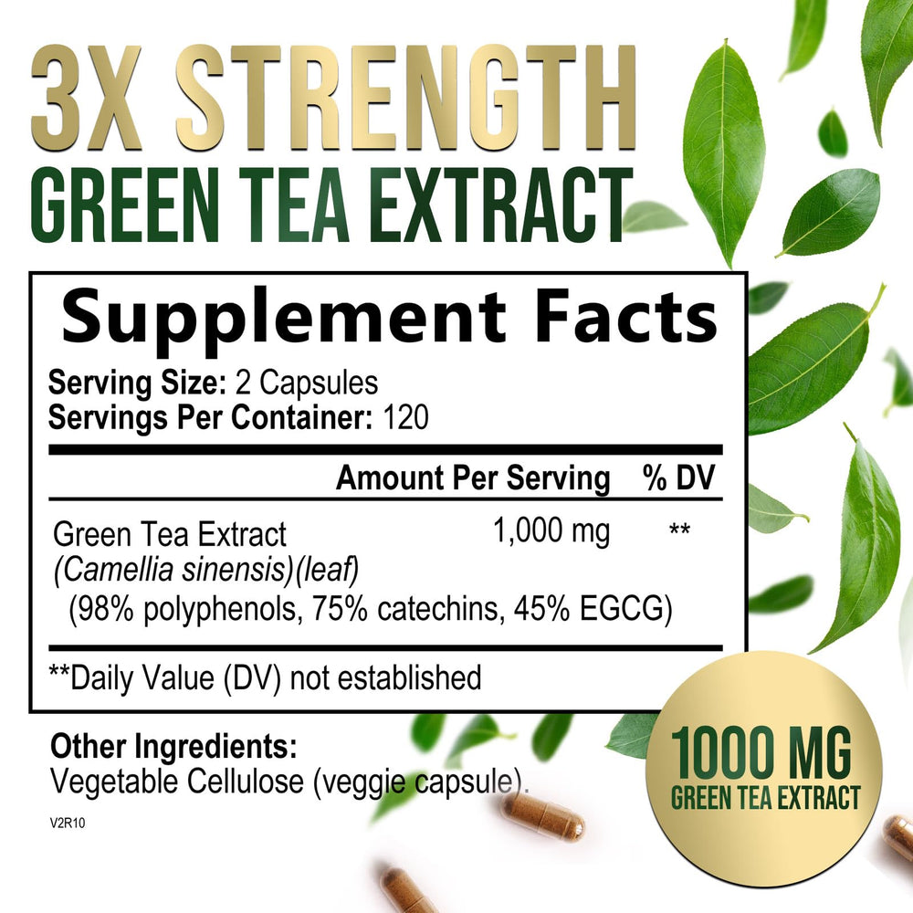 Close-up of the product label on Green Tea Extract Capsules 1000 mg