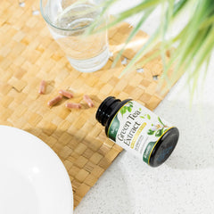 Green Tea Extract Capsules packaging with natural energy theme