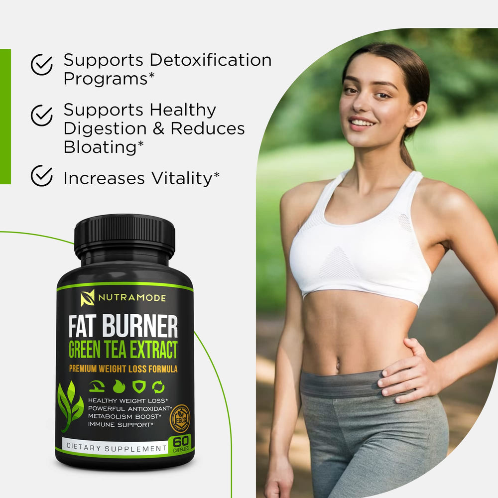 Close-up of green tea fat burner capsules and ingredients