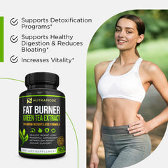 Close-up of green tea fat burner capsules and ingredients