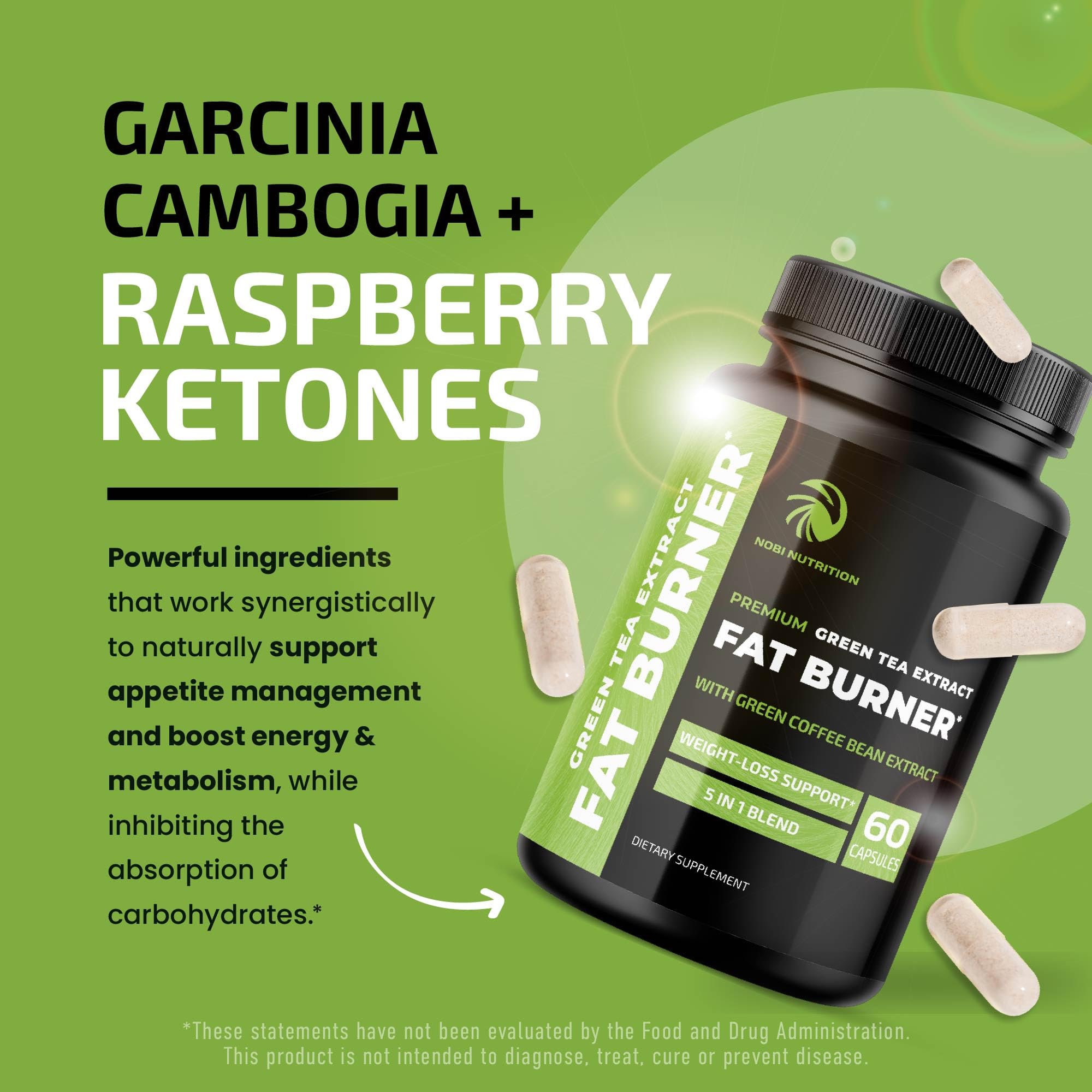 Green tea weight loss pills bottle with label