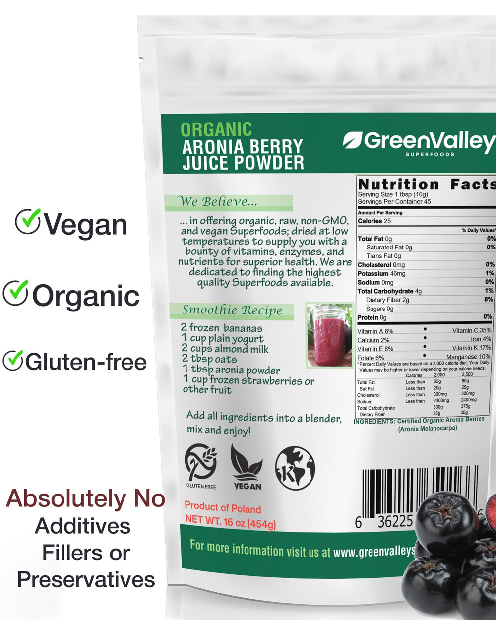 Packaging for Green Valley Aronia Berry Juice Powder 1 lb