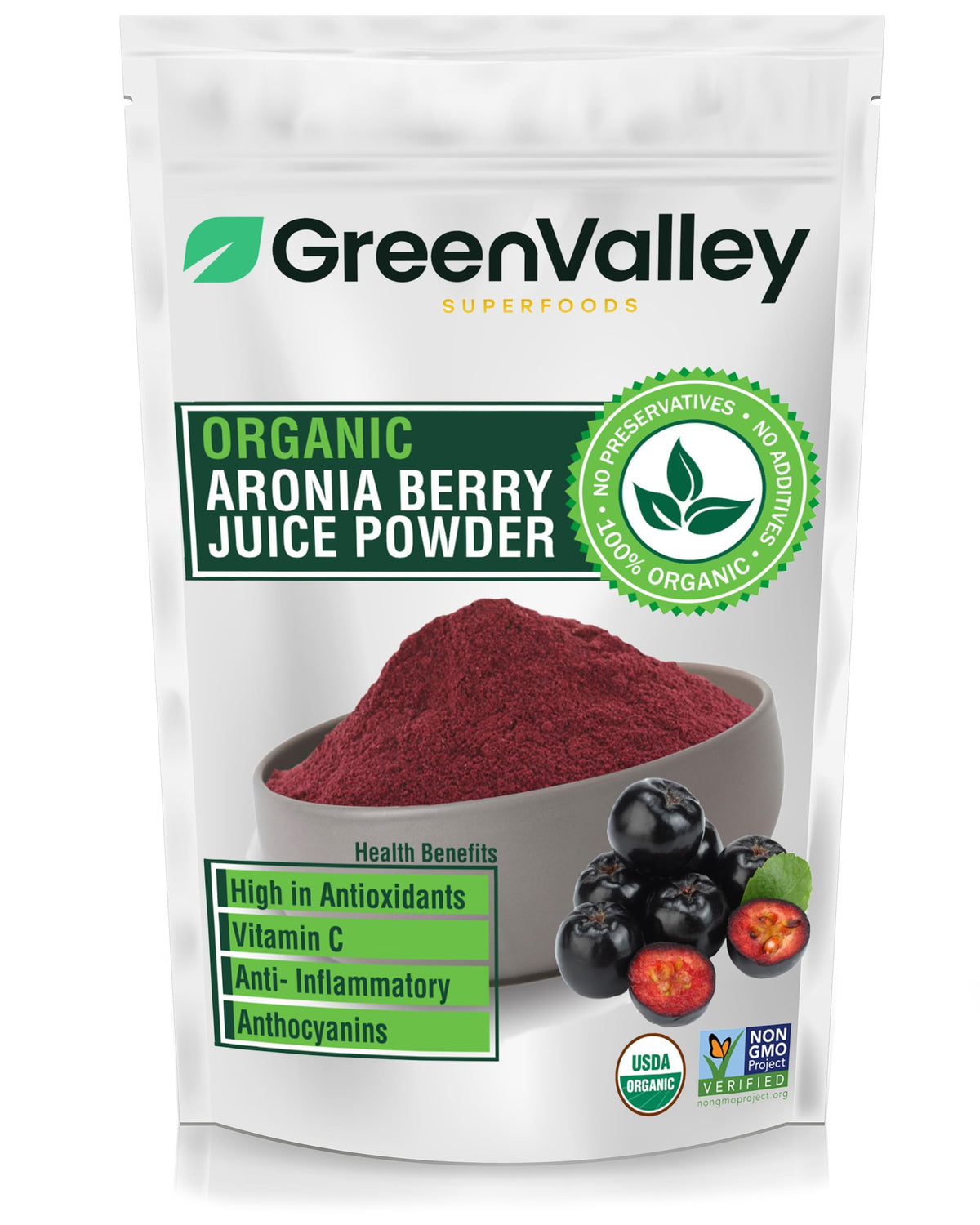 Green Valley Organic Aronia Berry Powder 12 oz front view