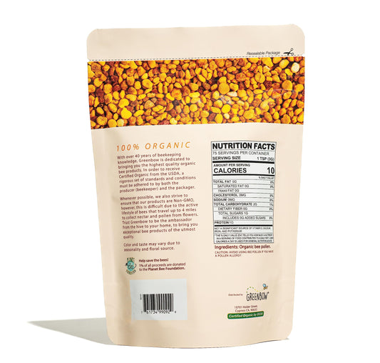Front view of Greenbow Organic Bee Pollen jar
