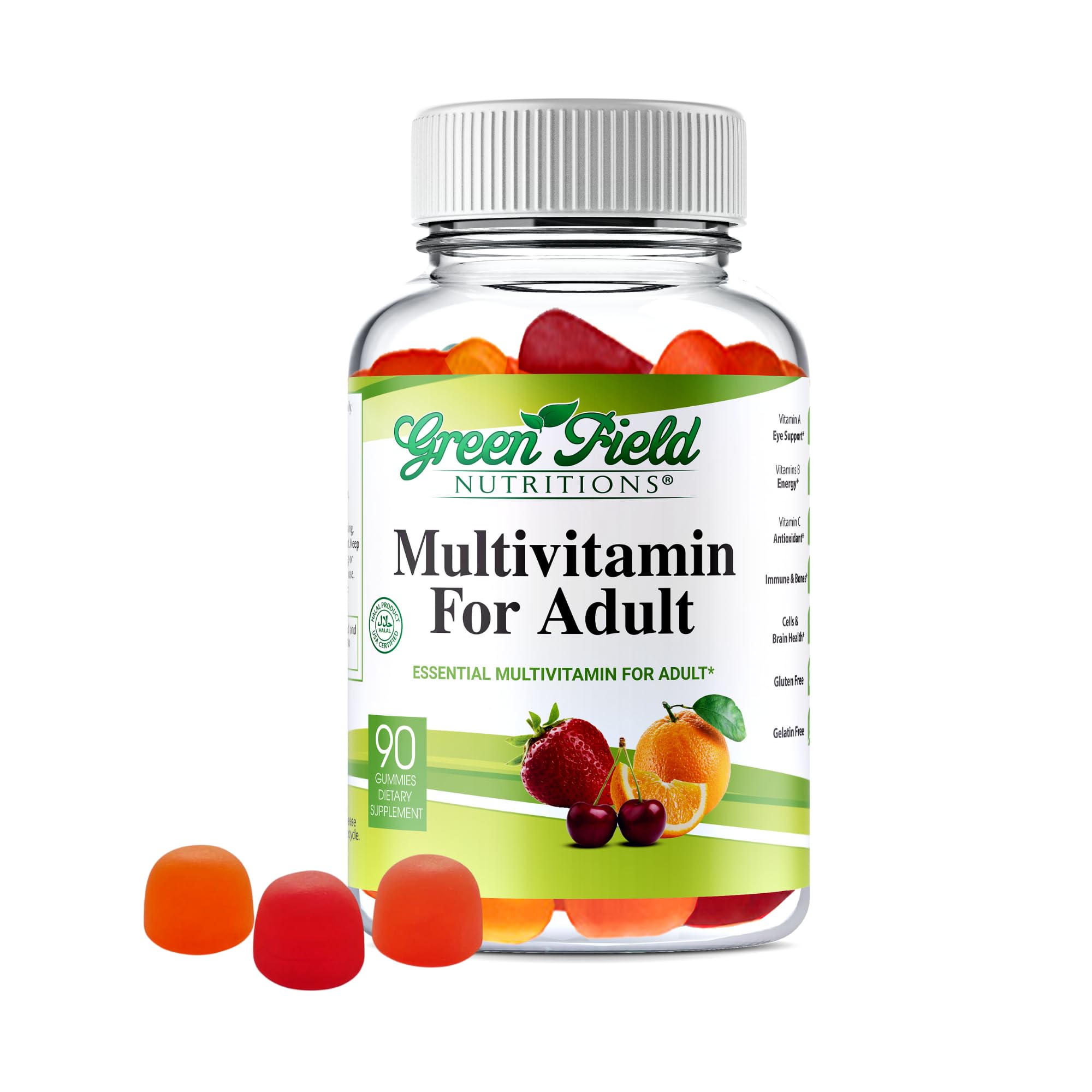 Front view of Greenfield Nutritions Halal Multivitamins for Adults bottle