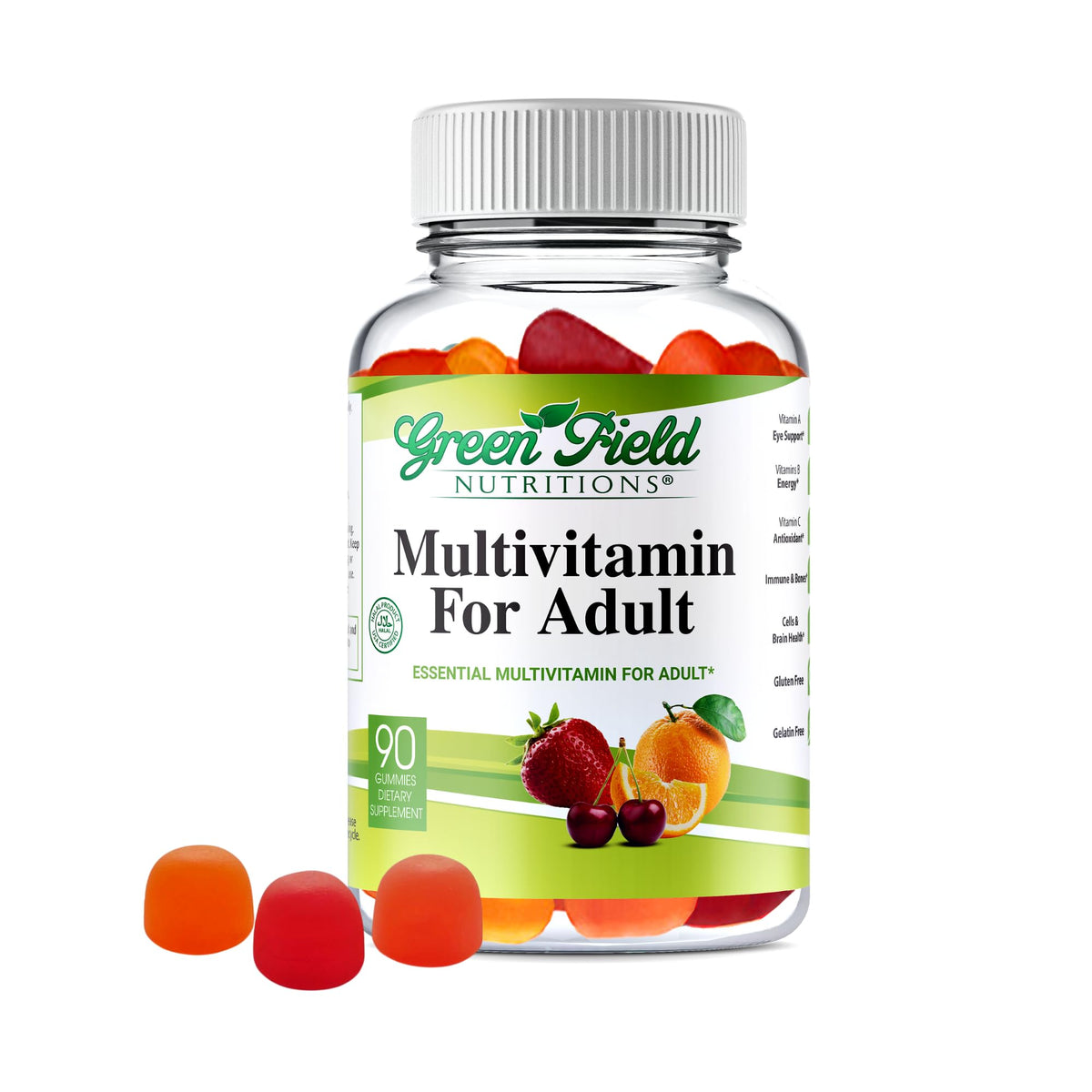 Front view of Greenfield Nutritions Halal Multivitamins for Adults bottle