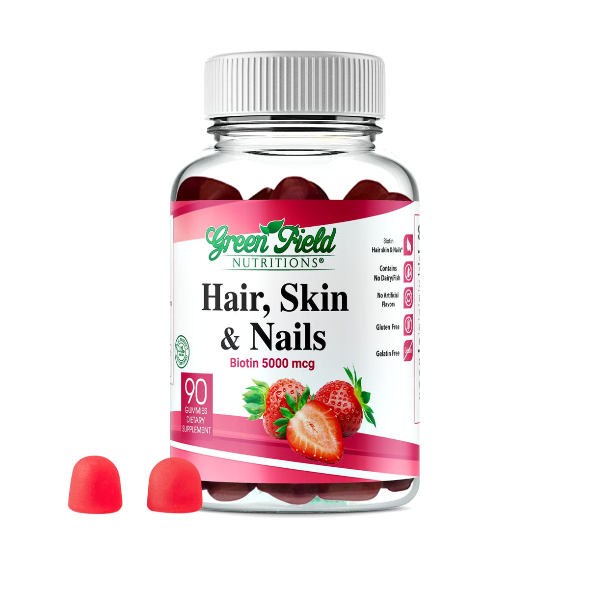 Front view of Greenfield Nutrition Halal Biotin Gummies bottle