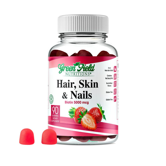 Front view of Greenfield Nutrition Halal Biotin Gummies bottle