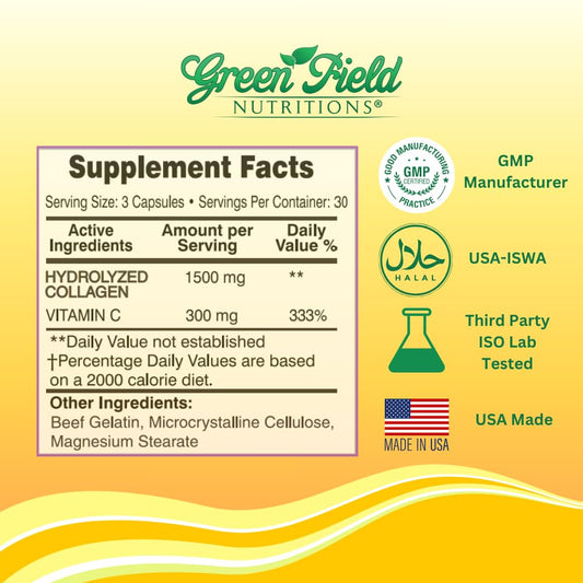 Close-up of Greenfield Halal Collagen Peptides bottle showing 1500 mg