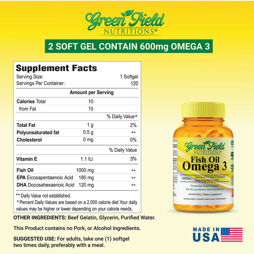 Close-up of softgels showing EPA 180mg and DHA 120mg